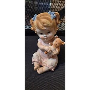 Vintage Lefton Ceramic Doll Girl With Teddy Bear KW6709 6.5" Tall